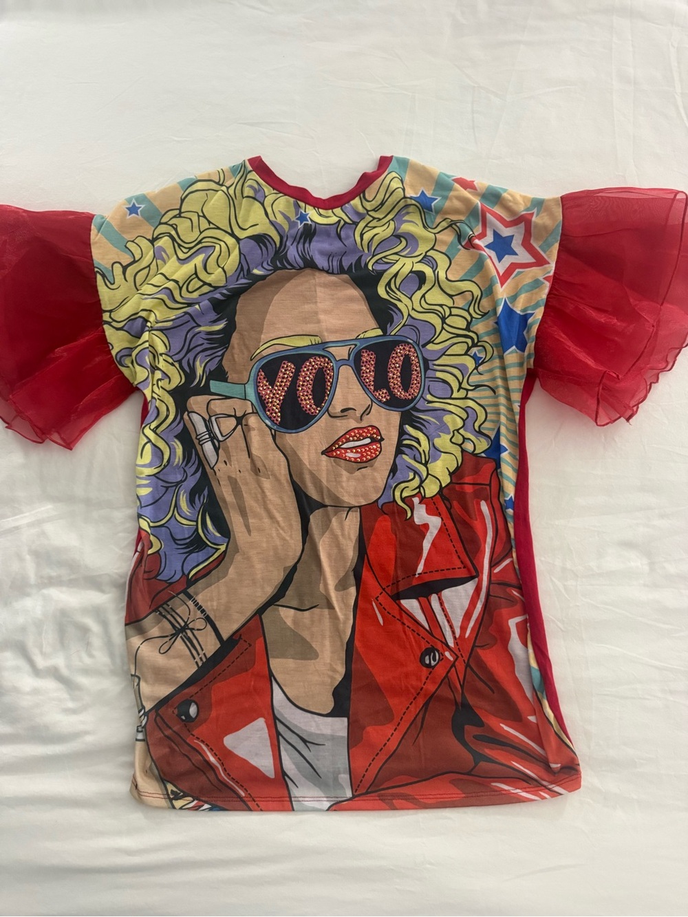 Topia Colorful Pop Art Graphic Tee with Red Sheer Ruffle Sleeves